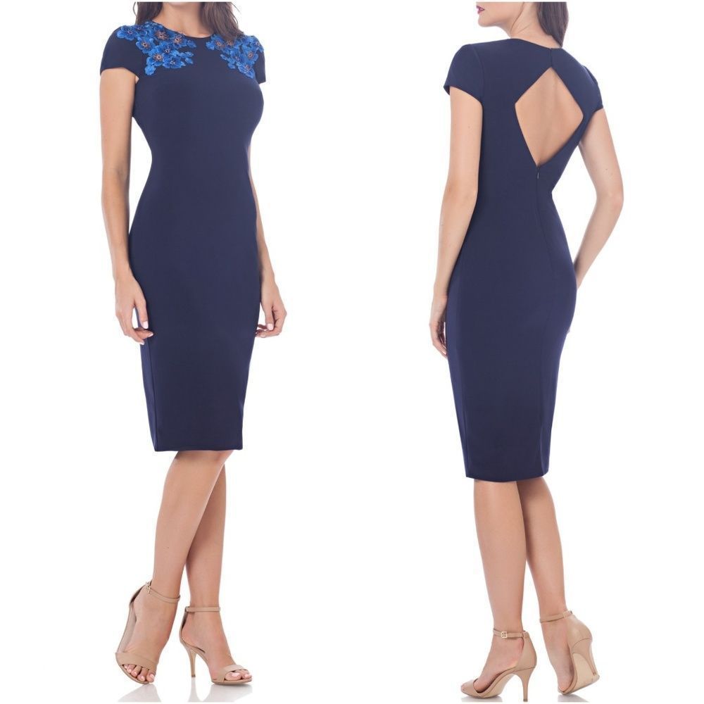 JS Collections Embroidered Jersey Sheath Dress